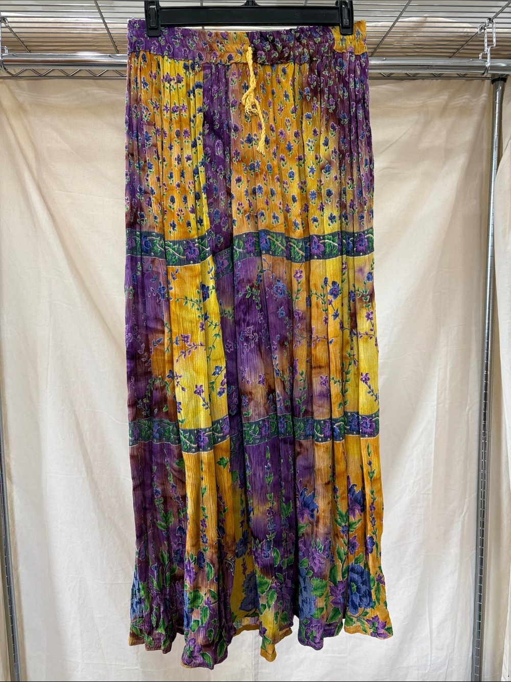 Boho Yellow & Purple Floral Pleated Maxi Skirt
